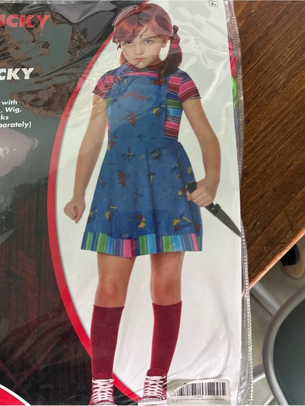 Spirit Chucky Girls' Blue Jumper Dress Costume with Red Socks - Picture 4 of 5